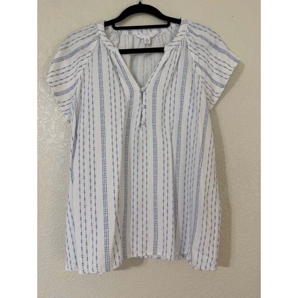 Time and Tru Women's White Blue Striped V-Neck Button Blouse Size M 8-10